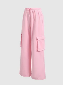SHEIN 青少年女孩粉色針織工裝口袋寬鬆休閒運動長褲/秋季、Y2K、萬聖節、冬季、秋天、粉色 - 淺粉色 - 查看 6