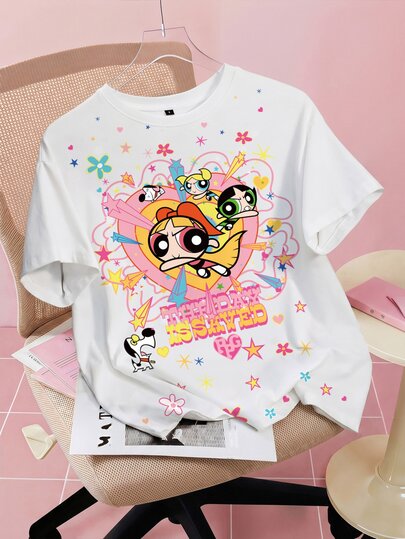 THE POWERPUFF GIRLS X SHEIN Damen Sommer Lässig Cartoon Muster T-Shirt