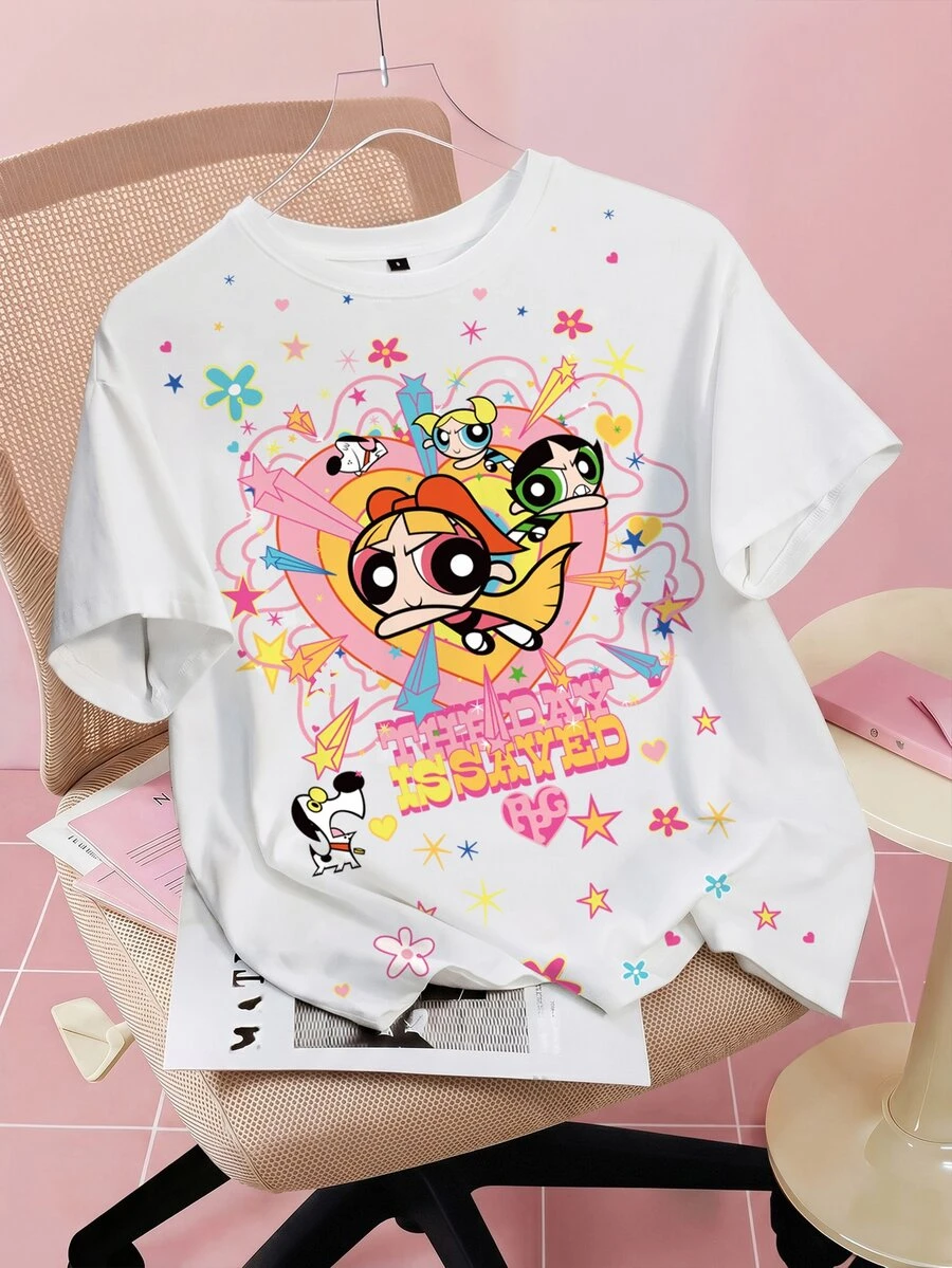 THE POWERPUFF GIRLS X SHEIN Kaos Wanita Kasual Musim Panas dengan Motif Kartun - Putih - View 1