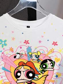 THE POWERPUFF GIRLS X SHEIN Kaos Wanita Kasual Musim Panas dengan Motif Kartun - Putih - View 3