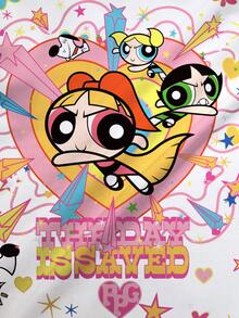 THE POWERPUFF GIRLS X SHEIN Kaos Wanita Kasual Musim Panas dengan Motif Kartun - Putih - View 6