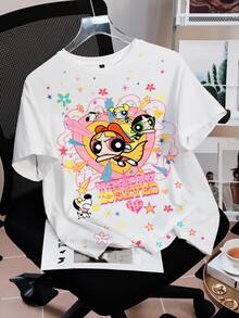 THE POWERPUFF GIRLS X SHEIN Kaos Wanita Kasual Musim Panas dengan Motif Kartun - Putih - View 7