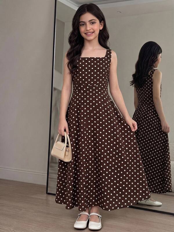 SHEIN Tween Girl Tween Girls Woven Polka Dot Casual Dress