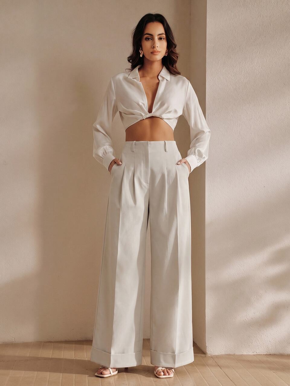 Anewsta Women's Pleated Cuffed Hem High Waist Suit Pants, Elegant Business Casual Commute Loose Wide Leg Long Pants Brunch Office White Autumn