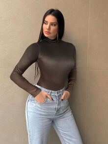 SHEIN Essnce 女士长袖立领渐变色连体衣 - 咖啡棕 - 查看 4