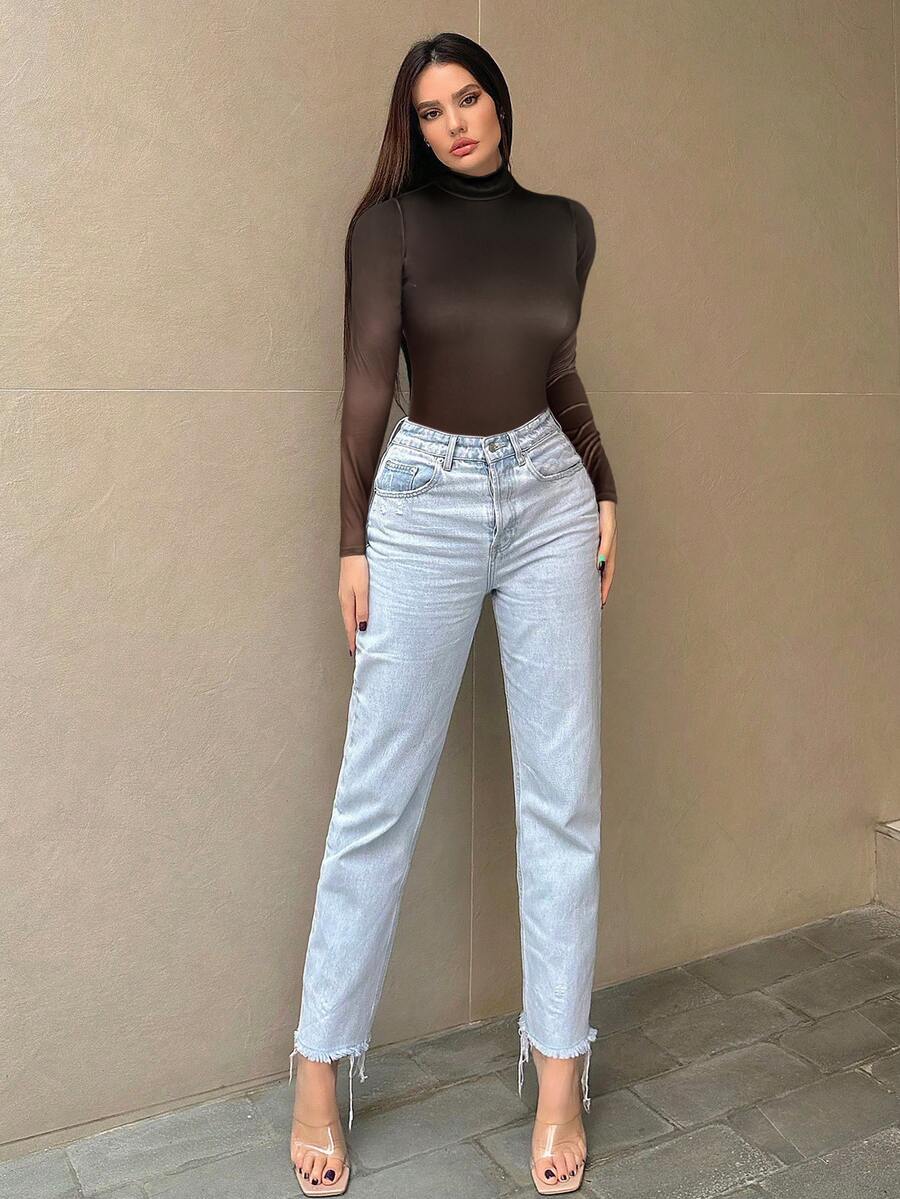 SHEIN Essnce 女士长袖立领渐变色连体衣 - 咖啡棕 - 查看 1