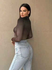 SHEIN Essnce 女士长袖立领渐变色连体衣 - 咖啡棕 - 查看 2