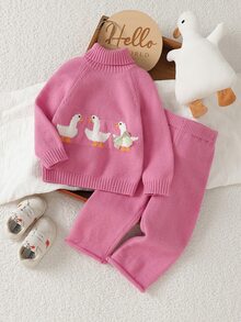 SHEIN Fall Clothes Winter Toddler Girl Pink Round Neck Long Sleeve Jacquard Floral Sweater Set, Back To School, Cozy Soft, Festival Outfits Christmas - Pink - View 2