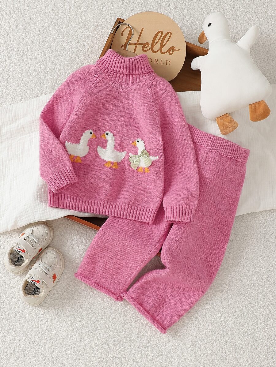 SHEIN Fall Clothes Winter Toddler Girl Pink Round Neck Long Sleeve Jacquard Floral Sweater Set, Back To School, Cozy Soft, Festival Outfits Christmas