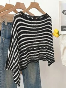 SHEIN Holidaya 新款夏季女款海灘度假上衣 白色鏤空針織披肩上衣 船領不對稱下擺 橫條紋與鏤空細節 沿海波希米亞風 隨性層次穿搭 - 黑色 - 查看 2