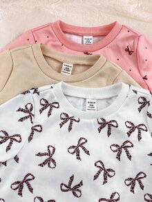 LMoss Kids 女嬰復古蝴蝶結圖案針織柔軟圓領長袖套頭衛衣與鬆緊腰收口秋冬長褲 6件套 - 彩色 - 查看 3