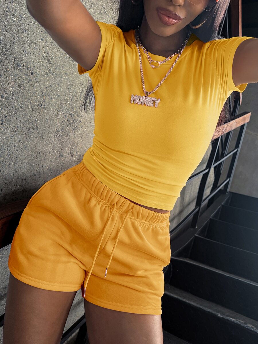INAWLY Summer Casual Solid Color Short Sleeve T-Shirt And Shorts Set - Yellow - View 1