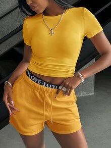 INAWLY Summer Casual Solid Color Short Sleeve T-Shirt And Shorts Set - Yellow - View 5