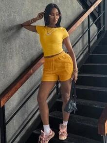 INAWLY Summer Casual Solid Color Short Sleeve T-Shirt And Shorts Set - Yellow - View 3