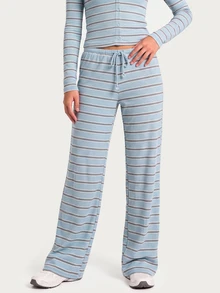 MISSGUIDED TEEN Ribbed Knit Wide Leg Casual Pants With Horizontal Stripe Pattern Drawstring Waist Elastic Band Full Length Palazzo Lounge Trousers - Multicolor - View 4