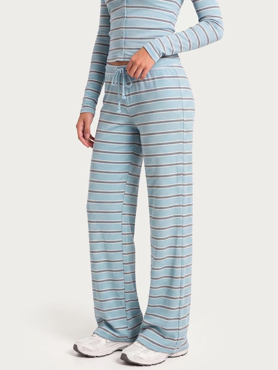 MISSGUIDED TEEN Ribbed Knit Wide Leg Casual Pants With Horizontal Stripe Pattern Drawstring Waist Elastic Band Full Length Palazzo Lounge Trousers - Multicolor - View 1