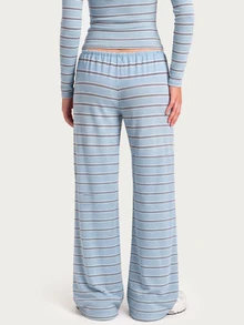 MISSGUIDED TEEN Ribbed Knit Wide Leg Casual Pants With Horizontal Stripe Pattern Drawstring Waist Elastic Band Full Length Palazzo Lounge Trousers - Multicolor - View 2