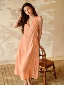 MOTF PREMIUM WOMEN'S COTTON EMBROIDERED CASUAL NIGHTGOWN, SPRING/SUMMER - Orange - View 5