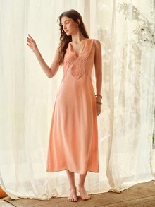 MOTF PREMIUM WOMEN'S COTTON EMBROIDERED CASUAL NIGHTGOWN, SPRING/SUMMER - Orange - View 3