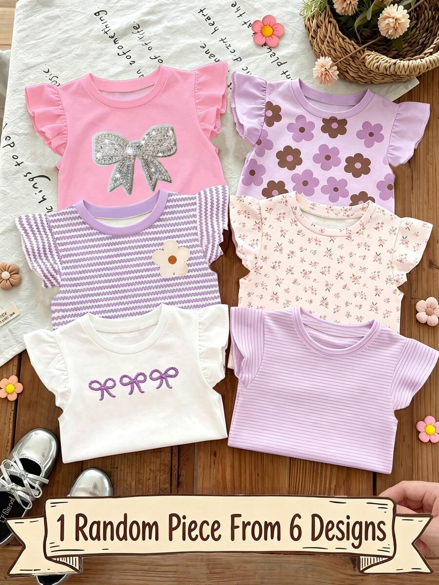 SHEIN 1件隨機波希米亞花卉、柔紫色條紋、3D蝴蝶結圖案,少女休閒極簡百搭圓領短帽袖T恤,嬰兒粉 - 彩色 - 查看 1