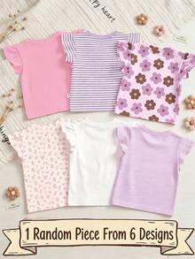SHEIN 1件隨機波希米亞花卉、柔紫色條紋、3D蝴蝶結圖案，少女休閒極簡百搭圓領短帽袖T恤，嬰兒粉 - 彩色 - 查看 2