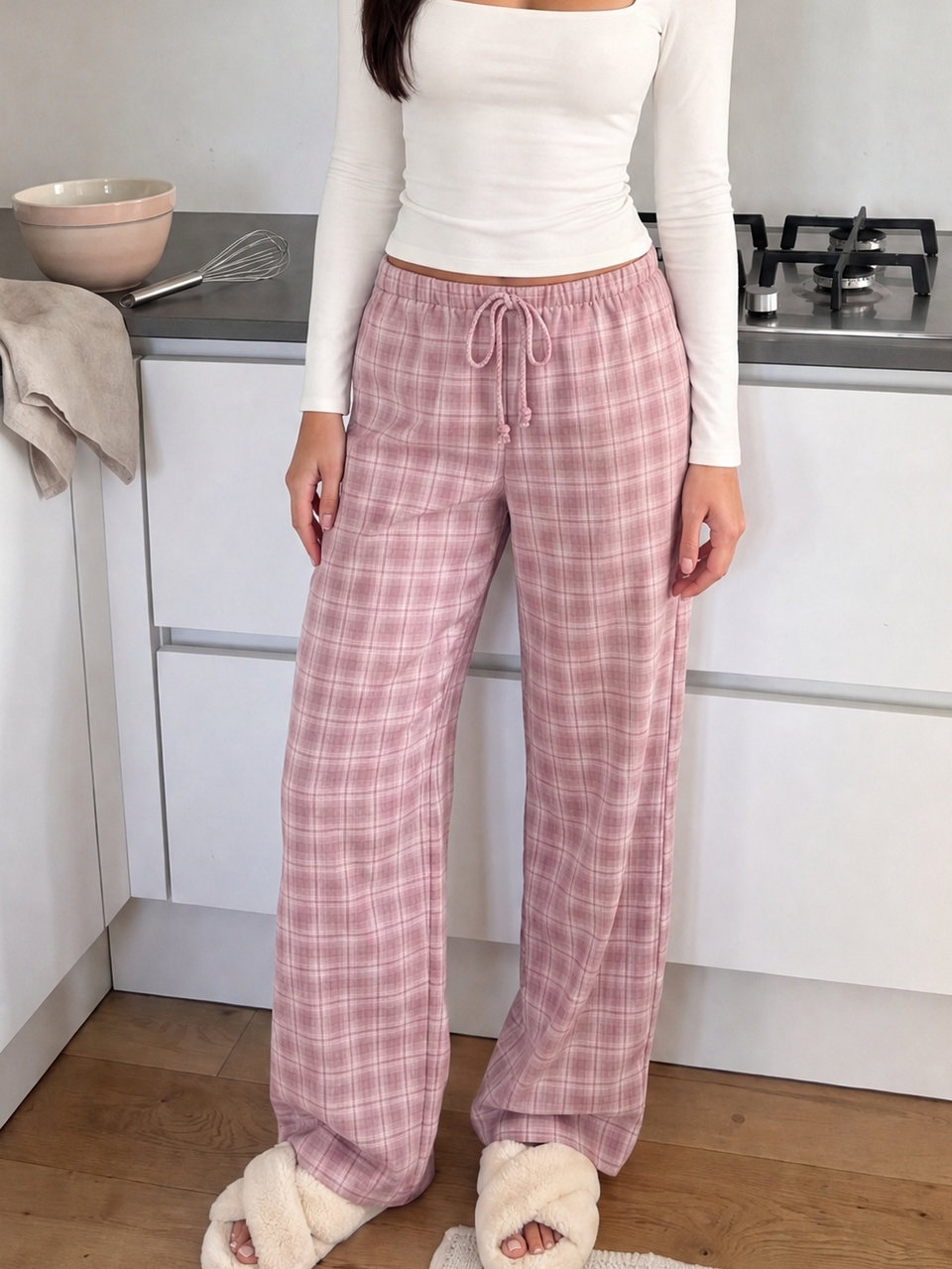 MISSGUIDED TEEN Plaid Wide Leg Casual Pants With Elastic Drawstring Waist Full Length Relaxed Fit Lounge Trousers Spring Summer Holiday
