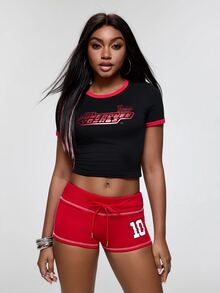 THE POWERPUFF GIRLS X SHEIN 女士撞色滚边字母印花修身短袖T恤 - 黑色 - 查看 3