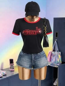 THE POWERPUFF GIRLS X SHEIN 女士撞色滚边字母印花修身短袖T恤 - 黑色 - 查看 8
