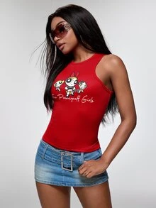 THE POWERPUFF GIRLS X SHEIN Women's Round Neck Casual Streetwear Y2k Cartoon Letter Print Top, Versatile For Daily Wear Back-To-School Everyday Red Summer - Red - View 4