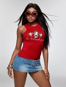 THE POWERPUFF GIRLS X SHEIN Women's Round Neck Casual Streetwear Y2k Cartoon Letter Print Top, Versatile For Daily Wear Back-To-School Everyday Red Summer - Red - View 1