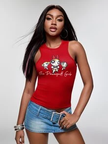 THE POWERPUFF GIRLS X SHEIN Women's Round Neck Casual Streetwear Y2k Cartoon Letter Print Top, Versatile For Daily Wear Back-To-School Everyday Red Summer - Red - View 3