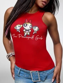 THE POWERPUFF GIRLS X SHEIN Women's Round Neck Casual Streetwear Y2k Cartoon Letter Print Top, Versatile For Daily Wear Back-To-School Everyday Red Summer - Red - View 6