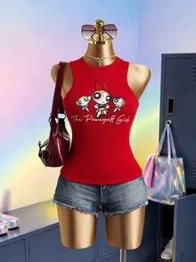 THE POWERPUFF GIRLS X SHEIN Women's Round Neck Casual Streetwear Y2k Cartoon Letter Print Top, Versatile For Daily Wear Back-To-School Everyday Red Summer - Red - View 7