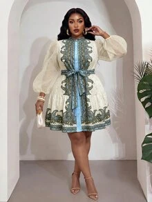 Veslaya Elegant Romantic V-Neck Petal Sleeve A-Line Patchwork Hem Short Dress Plus Size Women's Fall Formal Party Blue White Stripe - Blue - View 7