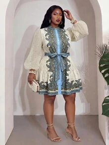 Veslaya Elegant Romantic V-Neck Petal Sleeve A-Line Patchwork Hem Short Dress Plus Size Women's Fall Formal Party Blue White Stripe - Blue - View 3