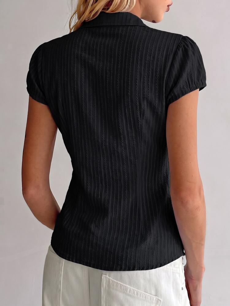 TRNVIE Black Summer Casual Date 100% Cotton Textured Striped Short Sleeve Shirt Women's Elegant Deep V Neck Fitted Button Polo Blouse Office Lady Tops - Black - View 2
