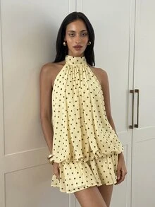 Aloruh 女款優雅淡黃色掛脖領綁帶迷你洋裝 - 彩色 - 查看 7