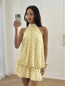 Aloruh 女款優雅淡黃色掛脖領綁帶迷你洋裝 - 彩色 - 查看 5