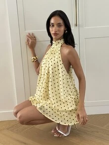 Aloruh 女款優雅淡黃色掛脖領綁帶迷你洋裝 - 彩色 - 查看 3