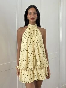 Aloruh 女款優雅淡黃色掛脖領綁帶迷你洋裝 - 彩色 - 查看 4