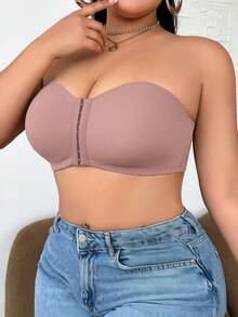 SHEIN 1pc Plus Size Women's Front Closure Bra - Dusty Pink - View 3