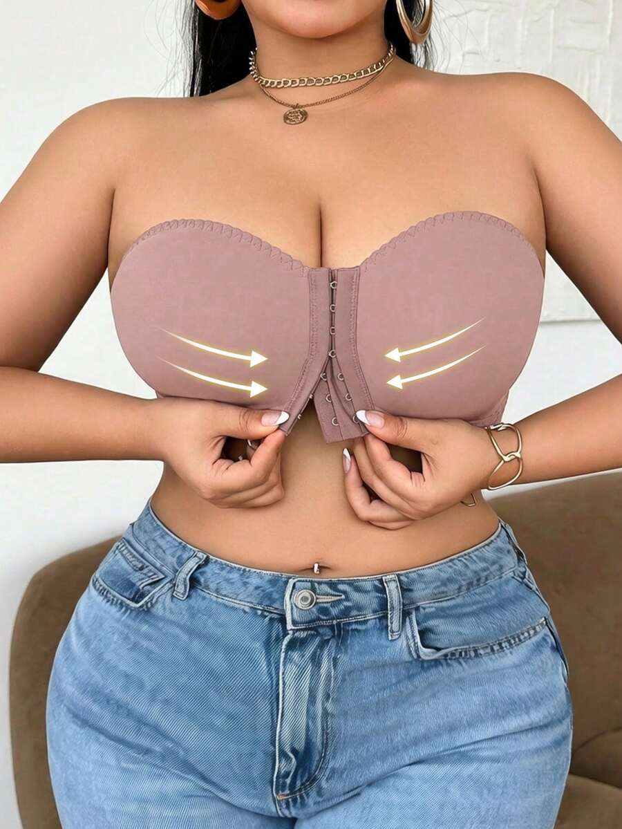 SHEIN 1pc Plus Size Women's Front Closure Bra - Dusty Pink - View 1