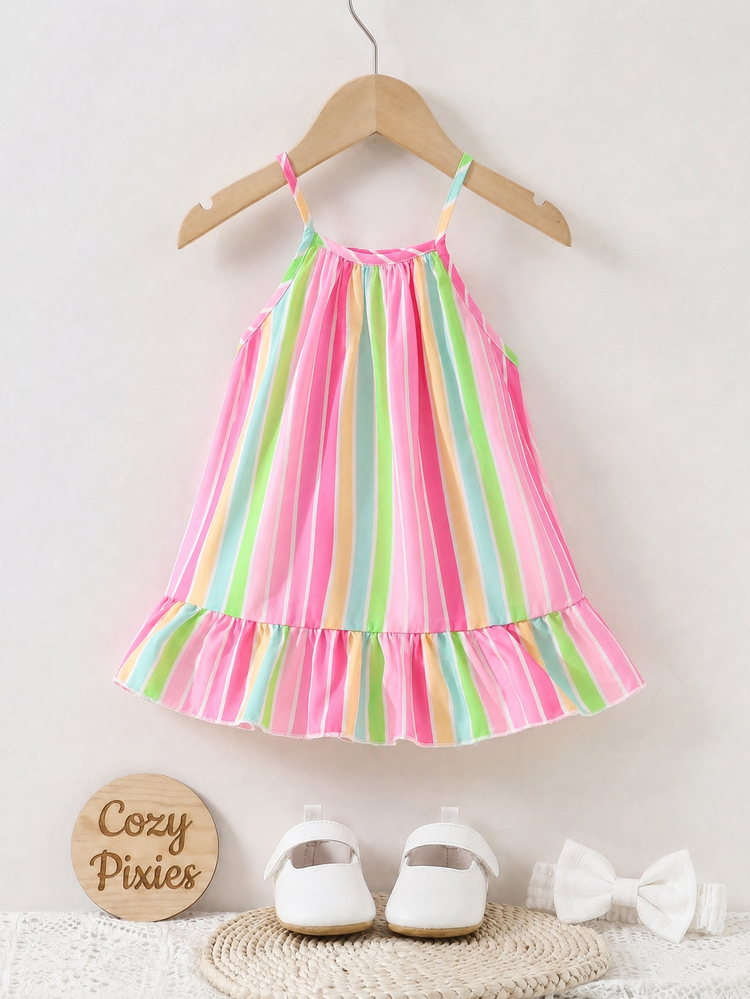 SHEIN Playful Pals Baby Girls' Korean Style Casual Cute Baby Doll Cute Pink Stripe Striped Print Woven Dress, Summer Vacation - Multicolor - View 2