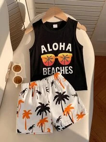 SHEIN Playful Pals 男婴三件套：太阳镜、字母印花背心、棕榈树印花短裤，适合夏季外出穿着 - 彩色 - 查看 3