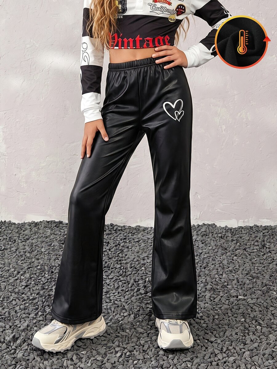 Tween Girl Heart Print PU Leather Pants Autumn Winter - Black - View 1