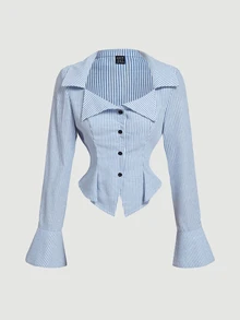 SHEIN MOD 女式蓝白条纹翻领长袖商务、商务休闲女装、90 年代、秋季服装、万圣节服装、商务休闲女装、返校、女式衬衫、外出上衣、长袖衬衫、女式工作衬衫、度假女装、商务休闲女装、西式女装、情人节服装 - 藍白色 - 查看 5