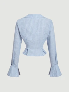 SHEIN MOD 女式蓝白条纹翻领长袖商务、商务休闲女装、90 年代、秋季服装、万圣节服装、商务休闲女装、返校、女式衬衫、外出上衣、长袖衬衫、女式工作衬衫、度假女装、商务休闲女装、西式女装、情人节服装 - 藍白色 - 查看 2