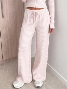 MISSGUIDED TEEN Ribbed Knit Wide Leg Casual Pants With Drawstring Waist And Horizontal Stripe Pattern For Everyday Comfort And Relaxed Style - Pink - View 6