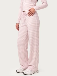 MISSGUIDED TEEN Ribbed Knit Wide Leg Casual Pants With Drawstring Waist And Horizontal Stripe Pattern For Everyday Comfort And Relaxed Style - Pink - View 4
