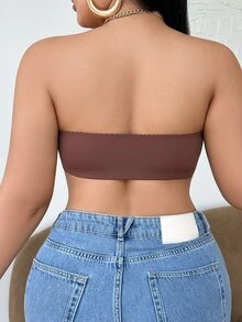 SHEIN 大码女士纯色无肩带前扣式文胸 - 棕色 - 查看 2